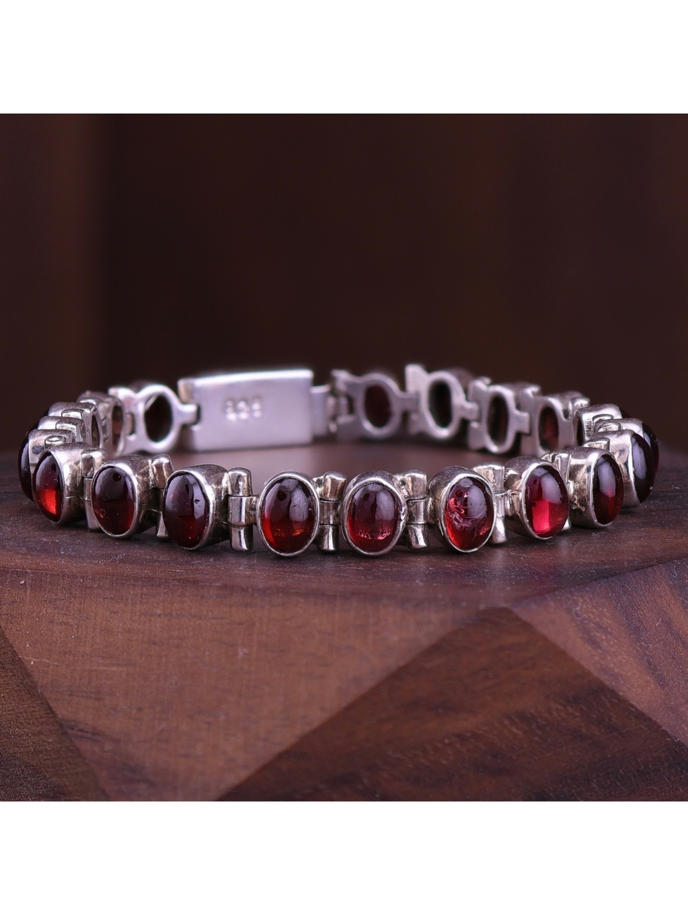 Vintage Sterling Silver Garnet Cabochon Link Bracelet, 20.9g